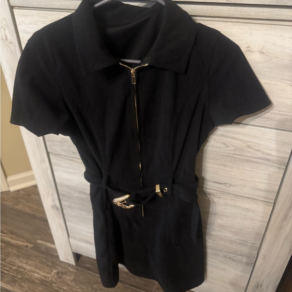 Black Short Sleeve Corduroy Dress with Gold Accents